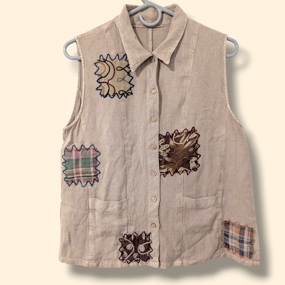 Beige Button-Up Collared Embroidered Patchwork Plaid Floral Vest Fall Lagenlook